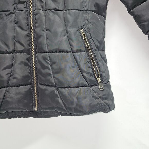 bebe Black Quilted Puffer Jacket LG | Gold Zippers | Hooded | Used - Picture 4 of 16